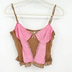 Womens Coquette Y2K‎ Sweetheart Neck Ruffled Sheer Mesh Lace Cami Corset Top L thumbnail 2
