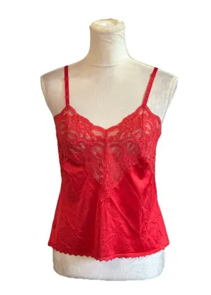 Y2K Vintage Red Lace Trim Sheer Solid Cami Tank Adjustable Strap S/M Love thumbnail 1