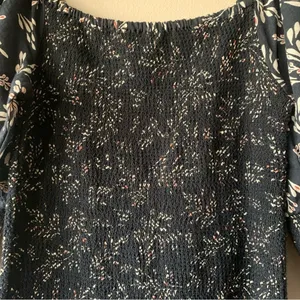Zara Penny Ruched Black Floral Linen Blend Boho Puff Midi Dress Size Small thumbnail 7