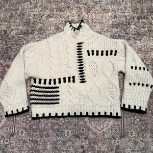 Zara Chunky Cable Knit Sweater | Black & Ivory Graphic | Mock Neck | Oversized S thumbnail 2