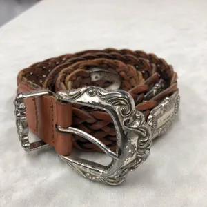 Fossil Vintage Genuine Leather braided Belt Silver Medallion Concho Western med. thumbnail 1