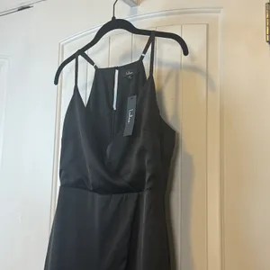 Lulus Black Wrap Mini Dress Surplice Neck Satin Finish Cocktail Party Size M NWT thumbnail 4