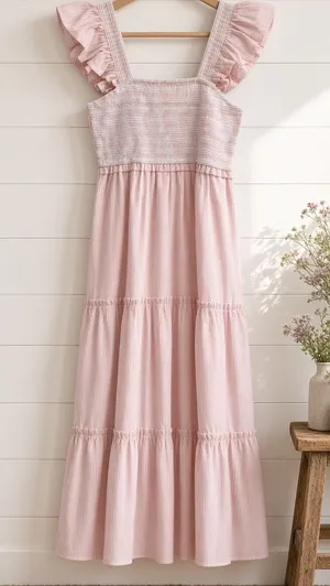 Smocked Ruffle Strap Tiered Midi Dress Medium thumbnail 1