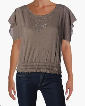 Free People slub embellished green gray crop top blouse sz Small thumbnail 1