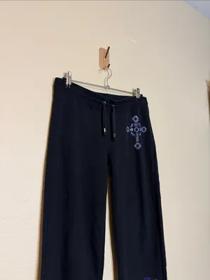 BCBG‎ MaxAzria Vintage Y2K Black Bling Flare Leg Sweatpants Size Large Low Rise thumbnail 3