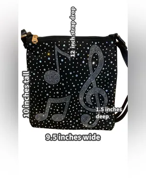 Musical Themed Rhinestone Embellished Black Faux Leather Crossbody Bag thumbnail 11