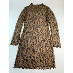 Brown Tiger Stripe Mesh Mock Neck Long Sleeve Lettuce Edge Mini Dress Womens thumbnail 2