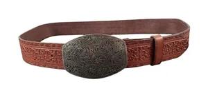 Vintage 1994 Embossed Leather Western Belt Floral Scroll Buckle Brown L thumbnail 1