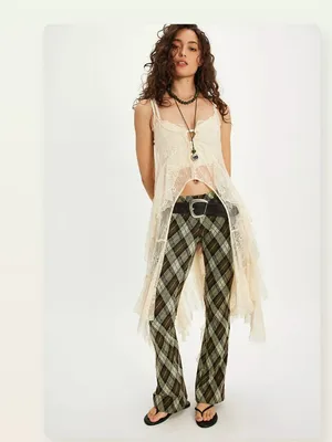 NWT Free People Chloe Plaid Flare Leg Knit Pants Small, OLIVE COMBO thumbnail 2