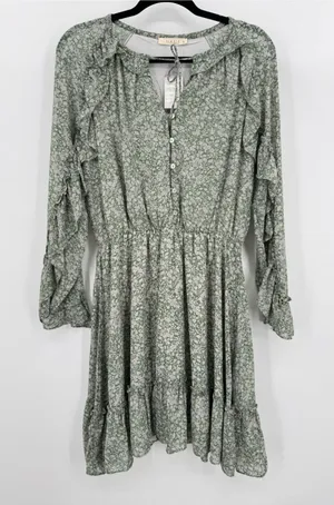Illa Illa Green Cream Floral Midi Dress Cottagecore Ruffle Sheer Prairie Fairy Boho Large thumbnail 1
