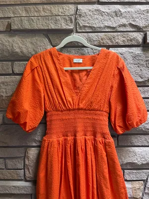 AYR Extra Extra Midi Dress Cara Orange Smocked Waist Tiered Cotton Size Small thumbnail 10