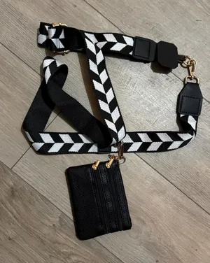 Boutique Black White Chevron Crossbody Guitar Strap w/ Triple Zip Coin Pouch Set thumbnail 1