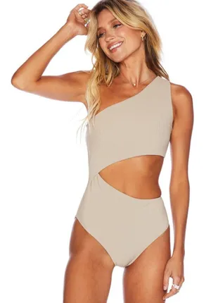 Beach Riot Celine One-Shoulder ribbed Cutout Swimsuit in tan, M thumbnail 1