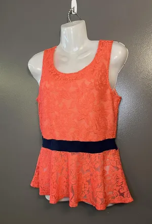 Rainbow Sandals Peplum Top Womens M Coral Lace Sleeveless Tank Black Waistband Layered thumbnail 3