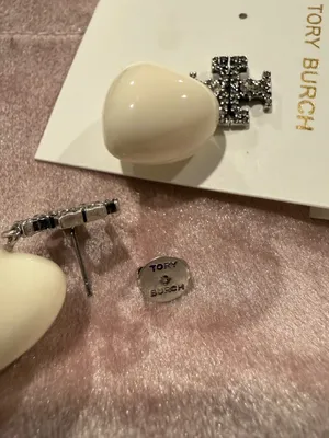 Tory Burch | Silver Plated Crystal Pave Accent Logo Earrings & Cream Heart Drops thumbnail 2