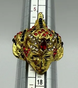 Vintage Fantasy Face Statement Ring Red Black Rhinestones Gold Tone Size 7 thumbnail 1
