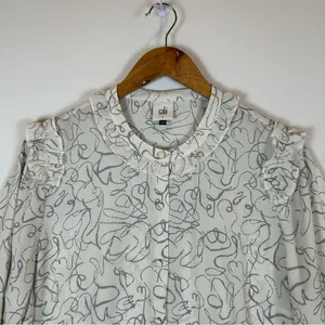 Cabi 4232 Women White Blue Abstract Scribble Ruffle‎ Collar Button Blouse Large thumbnail 6