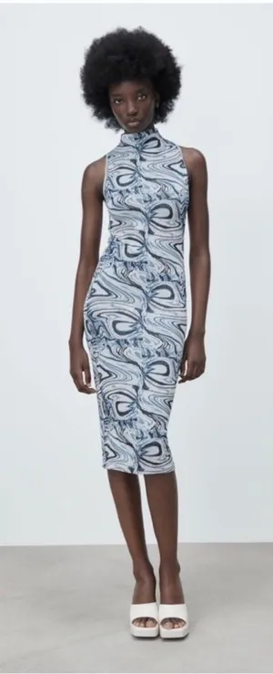 ZARA Marble-Print Sleeveless Midi Dress in Blue and White thumbnail 1