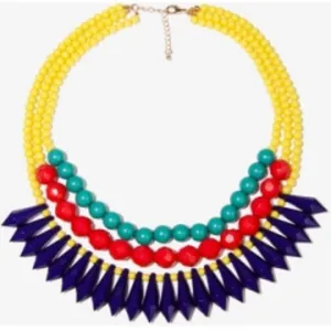 Yellow beaded red and green and blue statement necklace thumbnail 7