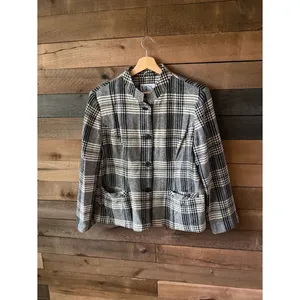 Vintage 90s Plaid Wool Blend Jacket Gray Black Cream Minimalist Coat thumbnail 2