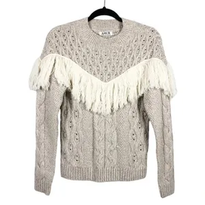Amur Ulla Women's Size Large White Fringe Tan Cable Knit Wool Sweater v6x thumbnail 2