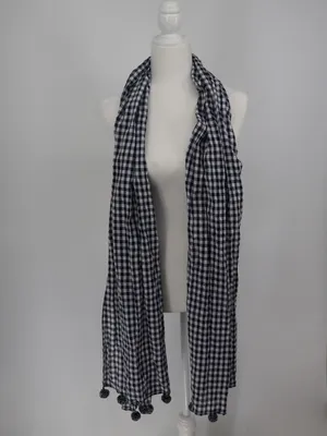 J.Crew Navy White Gingham Plaid Pom Pom Scarf 100% Cotton NWT Preppy Picnic thumbnail 7