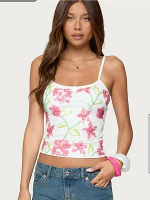 Edikted White Floral Sequin Cami Tank Top thumbnail 1