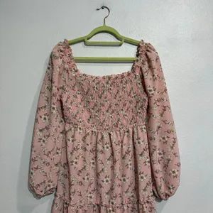 AS U WISH Pink Floral Smocked Long Sleeve Mini Dress Sz M thumbnail 3