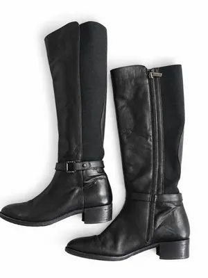 Aquatalia Knee High Riding Boots 6 Black Leather Stretch Panel Harness thumbnail 4