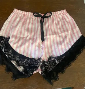 Women's Pink Stripe Satin Sleep Shorts with Black Lace Trim small thumbnail 1