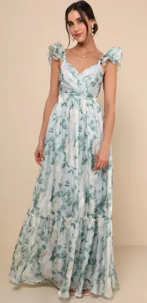 NWT Lulus Soiree Perfection Light Blue Floral Ruffled Tiered Maxi Dress Size S thumbnail 1