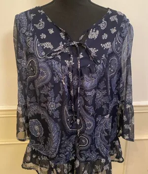 Boho Chic Blue Paisley Peasant Blouse with Tie Front Flounce Sleeve Top thumbnail 1
