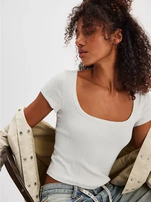 Free People End Game Pointelle Baby Tee in White thumbnail 1