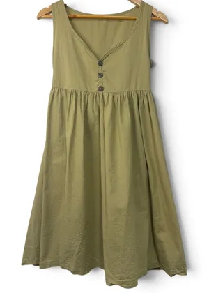 Vintage Olive Green 100% Cotton Sleeveless V-Neck Babydoll Mini Dress thumbnail 1