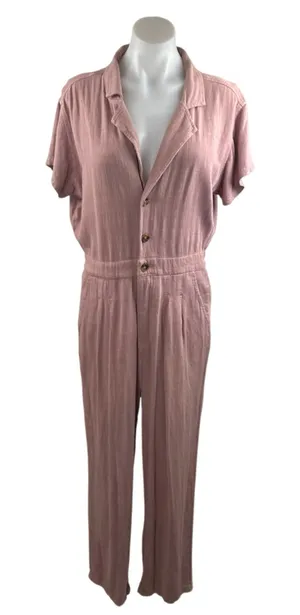 Free People Margot Pink Linen Short Sleeve Button Straight Leg Romper Jumpsuit M thumbnail 1