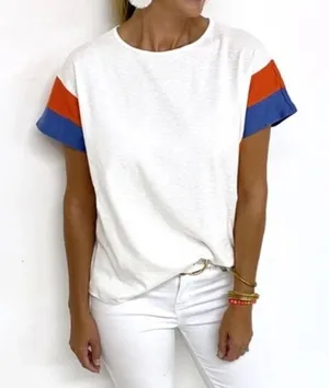 Anthropologie Hailey & Co oversized tee knit patchwork statement sleeves cobalt cap top thumbnail 2