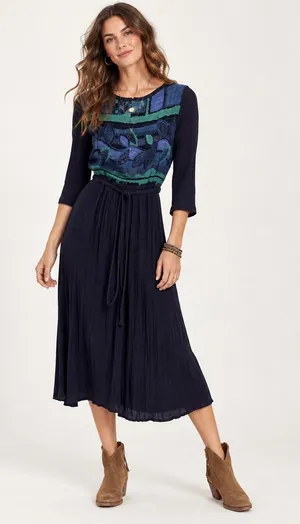 Vintage Blue Crepe Midi Dress Womens 8 80s Embroidered Short Sleeve Green Fall thumbnail 1