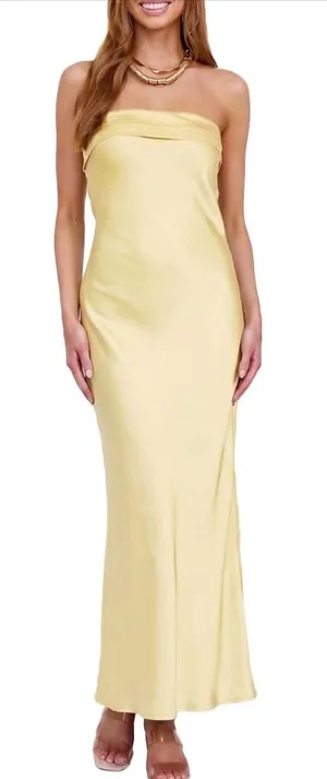 Strapless Yellow Satin Maxi Dress thumbnail 1