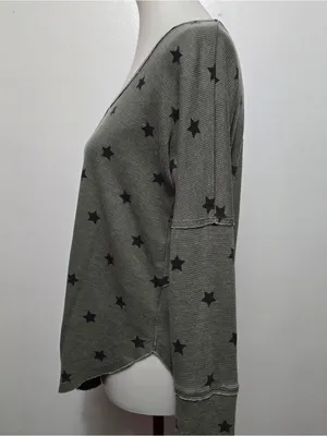 Lucky Brand Small Olive Star Print Waffle Knit Thermal Top Bohemian Casual thumbnail 3