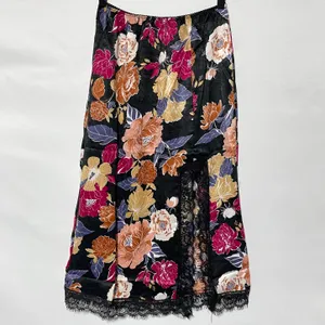 New Band of the Free Floral Print Lace Slit Slip Midi Skirt Black Multi Size XS thumbnail 7
