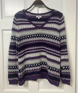 croft & barrow Purple and Cream Fair Isle V-Neck Sweater thumbnail 1