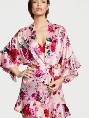 Victoria's Secret Pink Floral Satin Robe with Purple Blooms thumbnail 1