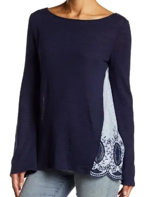 Caslon Blue & White Embroidered Back Long Sleeve Blouse (M) thumbnail 1