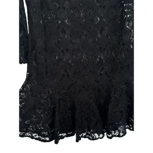 Free People Sheer Floral Lace Mini Dress 3/4 Sleeve Ruffle Hem Black Boho Size 0 thumbnail 7