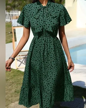 SheIn Rockabilly Green & Black Spotted Bow Neckline Flutter Sleeve Dress size Large thumbnail 1