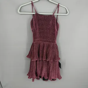 Lulus Sweetest Soiree Mini Dress XS Plum‎ Metallic Tiered Plisse Open Back Party thumbnail 3