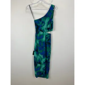 Lulus Ismerida Green Blue Abstract Mesh One Shoulder Midi Dress Party XS NWT thumbnail 11