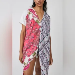 Free People Knot Me Floral Geometric Scarf Mix Media Tie-Front Blouse Top L thumbnail 3