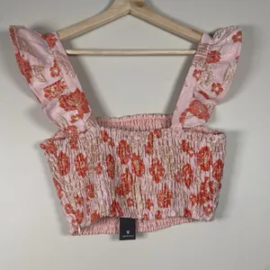 Lulus Womens Floral‎ Smocked Crop Top Small Dusty Pink Gold Metallic Ruffle NEW thumbnail 6