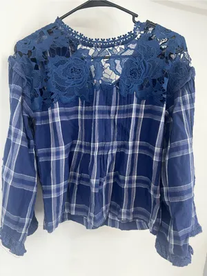 Free people Blue Plaid Lace Yoke Women's Top - Unbranded thumbnail 4